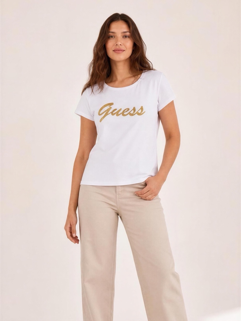 Guess White Tee with Gold Rhinestone Script Logo